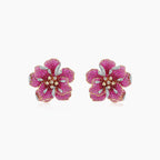 Pink Sapphire Ruby Fancy & White Diamond Lilly Flower 18K Rose Gold Earrings