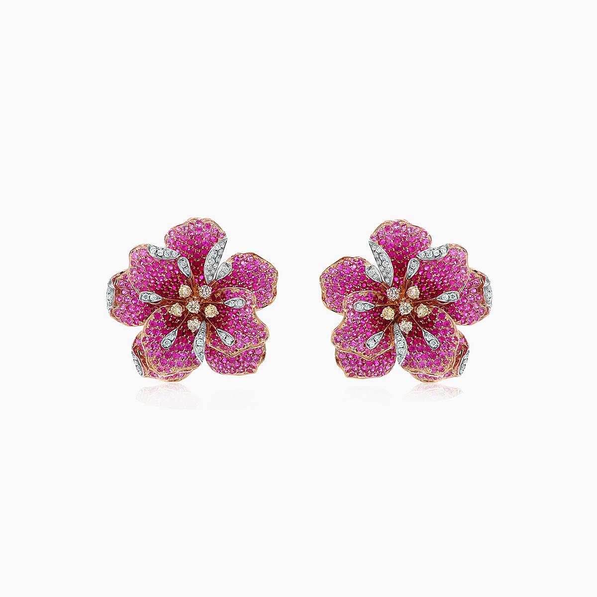 Pink Sapphire Ruby Fancy & White Diamond Lilly Flower 18K Rose Gold Earrings