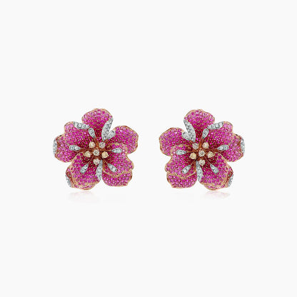 Pink Sapphire Ruby Fancy & White Diamond Lilly Flower 18K Rose Gold Earrings