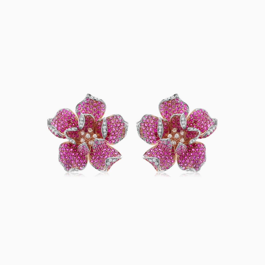 Pink Sapphire Ruby & Fancy & White Diamond Lilly Flower 18K Rose Gold Earrings