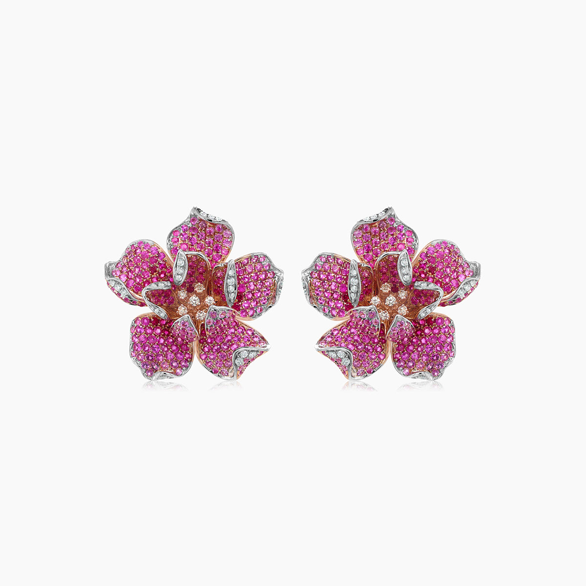 Pink Sapphire Ruby & Fancy & White Diamond Lilly Flower 18K Rose Gold Earrings