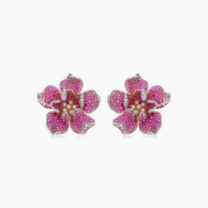 Pink Sapphire Ruby & Fancy & White Diamond Lilly Flower 18K Rose Gold Earrings