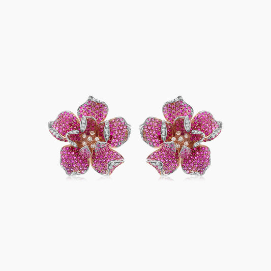 Pink Sapphire Ruby & Fancy & White Diamond Lilly Flower 18K Rose Gold Earrings