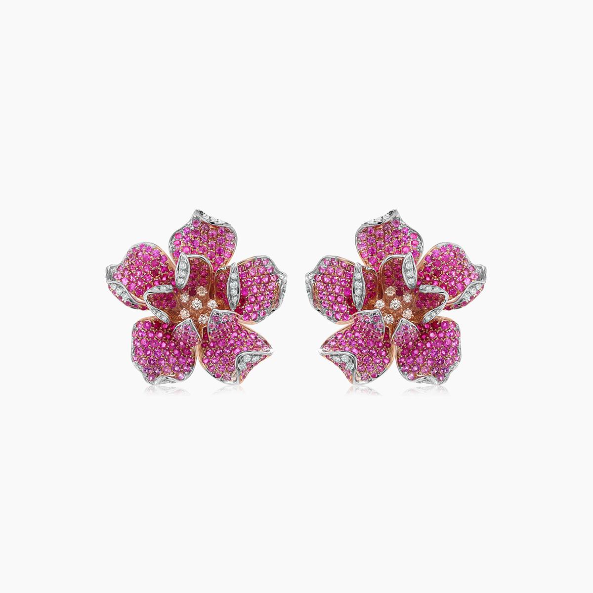Pink Sapphire Ruby & Fancy & White Diamond Lilly Flower 18K Rose Gold Earrings