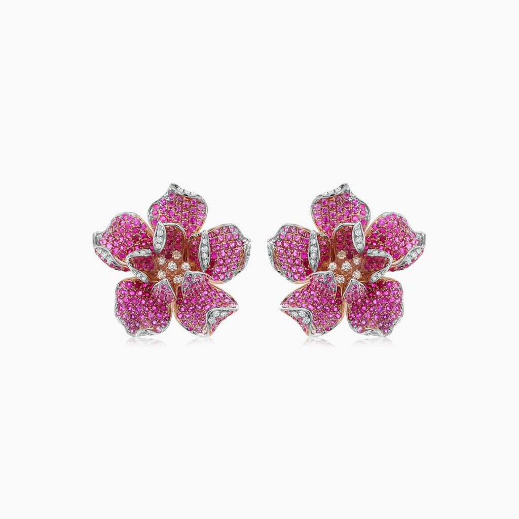 Pink Sapphire Ruby & Fancy & White Diamond Lilly Flower 18K Rose Gold Earrings