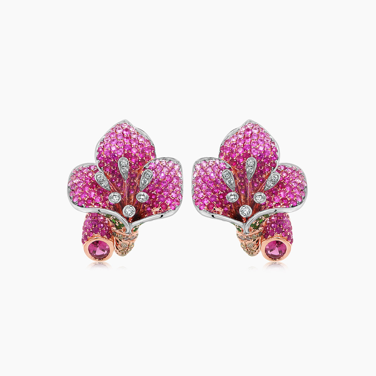 Pink Sapphire Ruby Multi-Gemstone Lilly Flower 18K Rose Gold Earrings