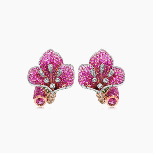 Pink Sapphire Ruby Multi-Gemstone Lilly Flower 18K Rose Gold Earrings