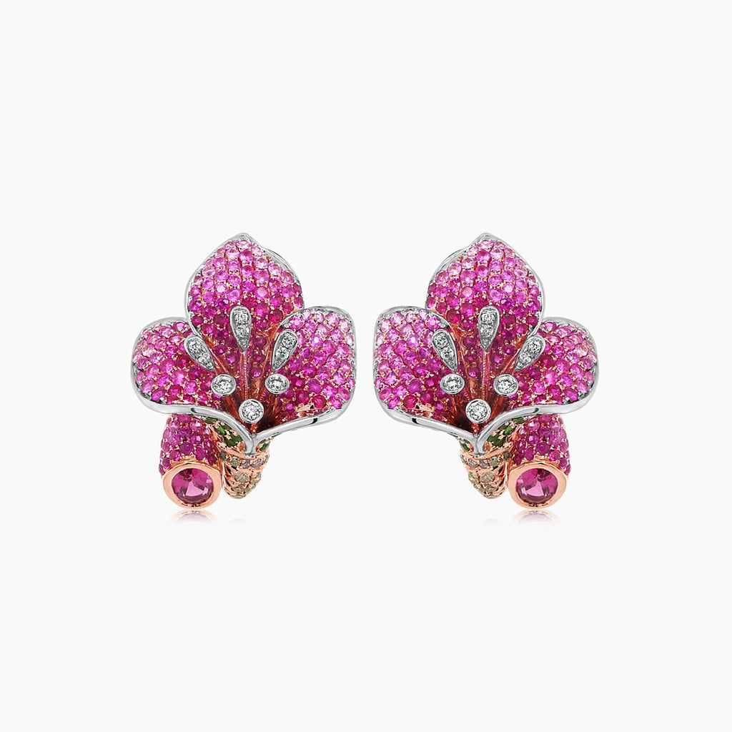 Pink Sapphire Ruby Multi-Gemstone Lilly Flower 18K Rose Gold Earrings