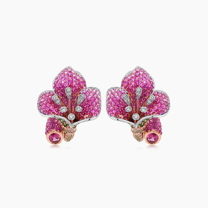 Pink Sapphire Ruby Multi-Gemstone Lilly Flower 18K Rose Gold Earrings