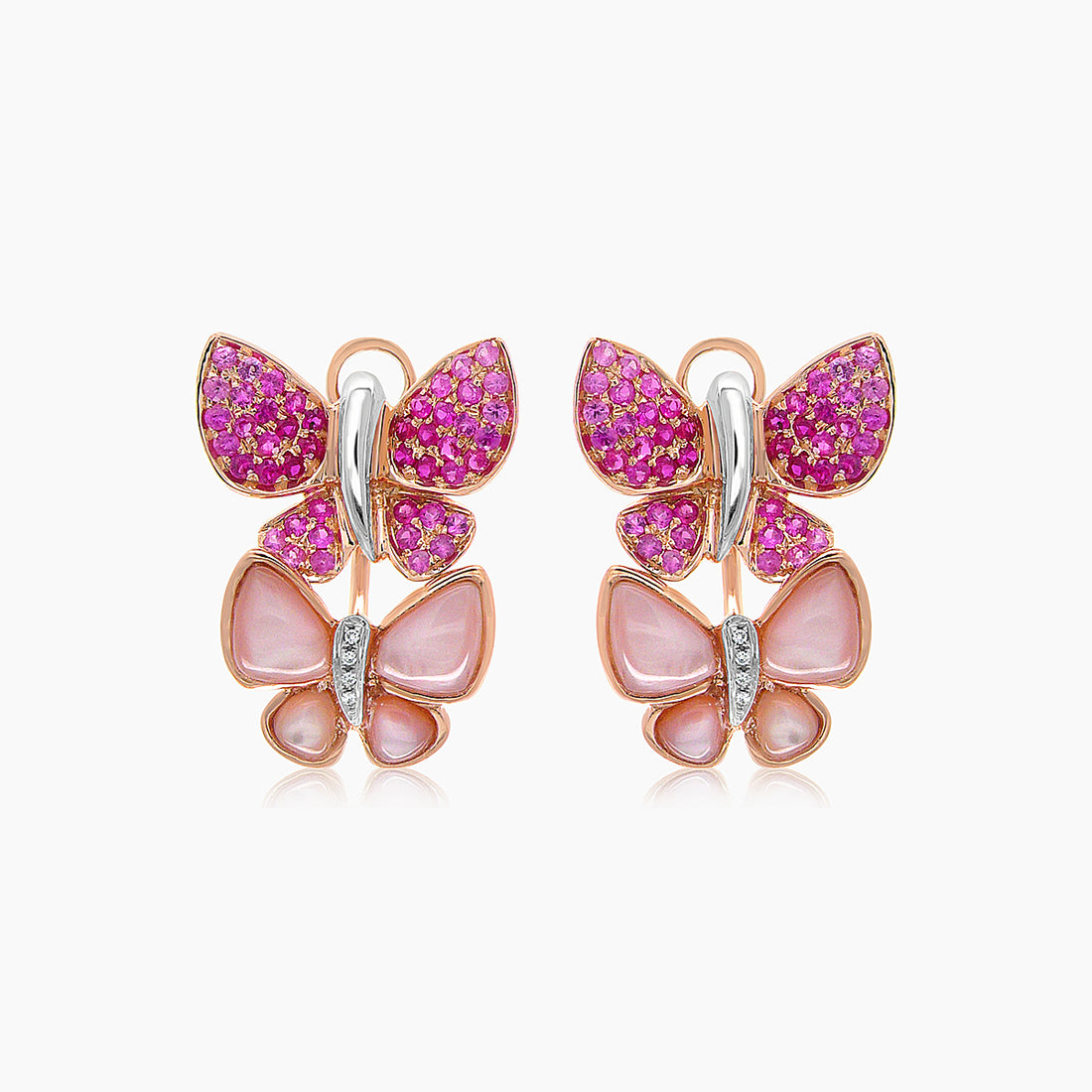 Pink Sapphire & Ruby Pearl Diamonds Butterfly Sweet 18K Rose Gold Clip Earrings