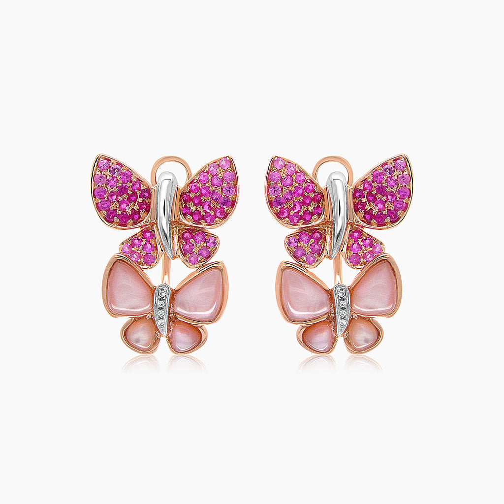 Pink Sapphire & Ruby Pearl Diamonds Butterfly Sweet 18K Rose Gold Clip Earrings