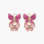 Pink Sapphire & Ruby Pearl Diamonds Butterfly Sweet 18K Rose Gold Clip Earrings