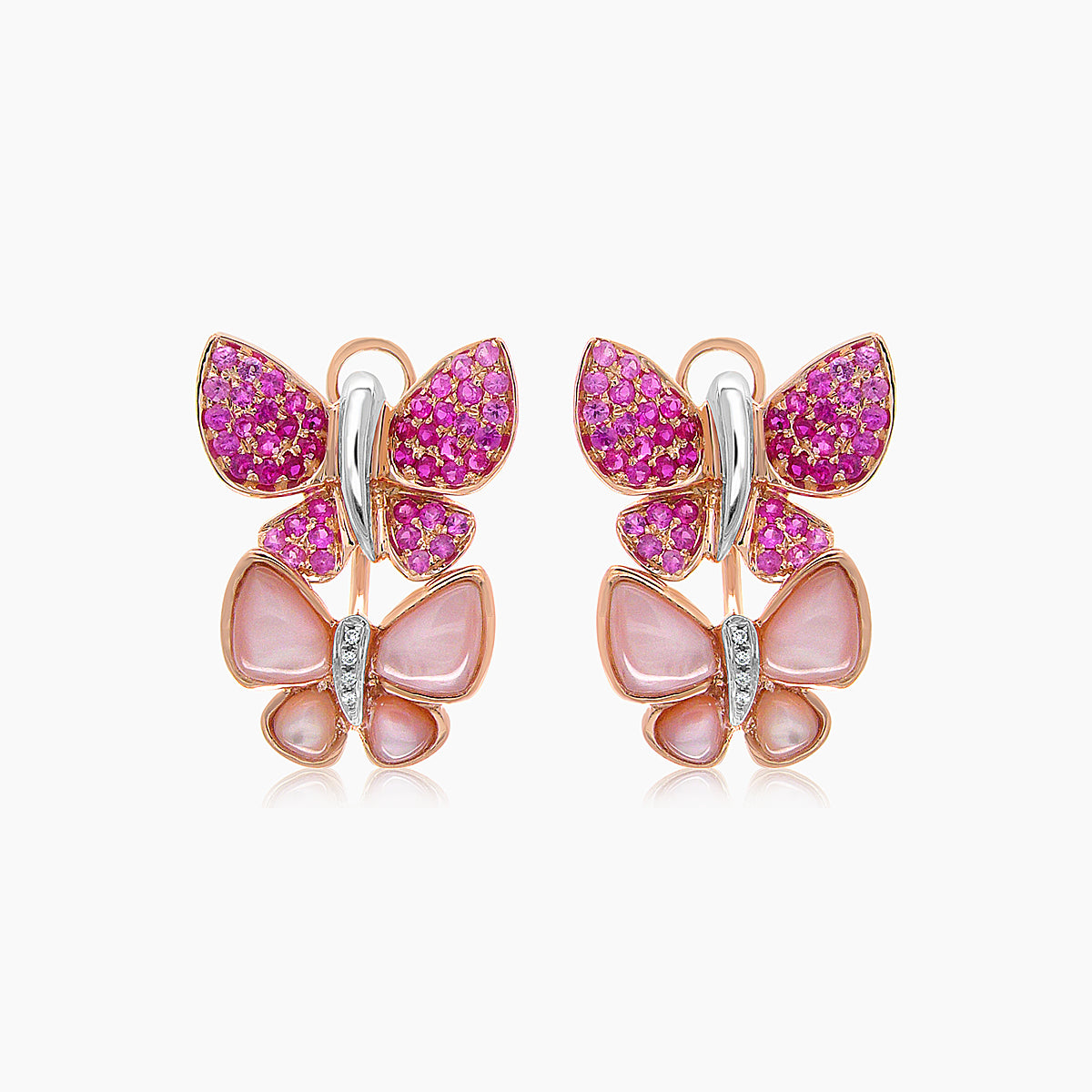 pink sapphire & ruby pearl diamonds butterfly sweet 18k rose gold clip earrings