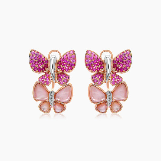 Pink Sapphire & Ruby Pearl Diamonds Butterfly Sweet 18K Rose Gold Clip Earrings