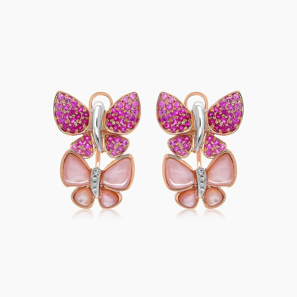 Pink Sapphire & Ruby Pearl Diamonds Butterfly Sweet 18K Rose Gold Clip Earrings