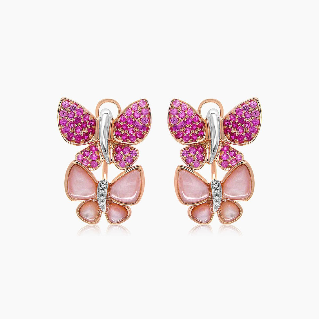 Pink Sapphire &amp; Ruby Pearl Diamonds Butterfly Sweet 18K Rose Gold Clip Earrings