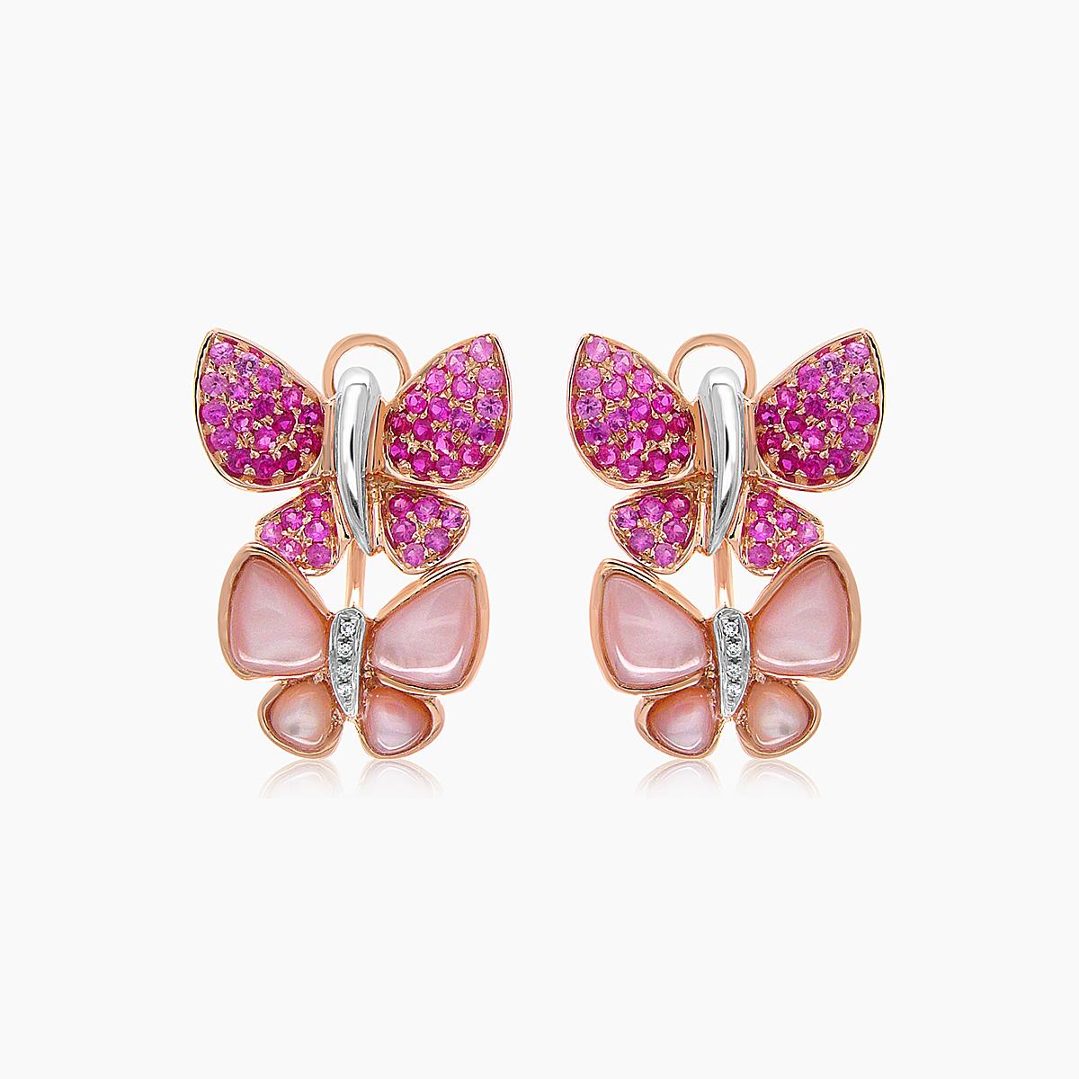 Pink Sapphire & Ruby Pearl Diamonds Butterfly Sweet 18K Rose Gold Clip Earrings