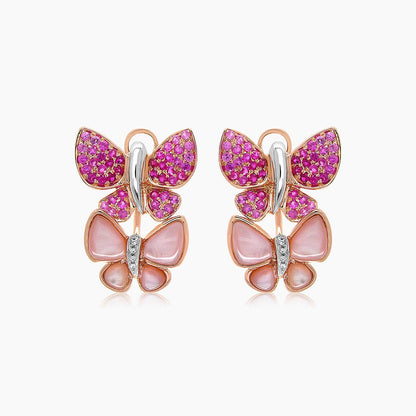 Pink Sapphire & Ruby Pearl Diamonds Butterfly Sweet 18K Rose Gold Clip Earrings