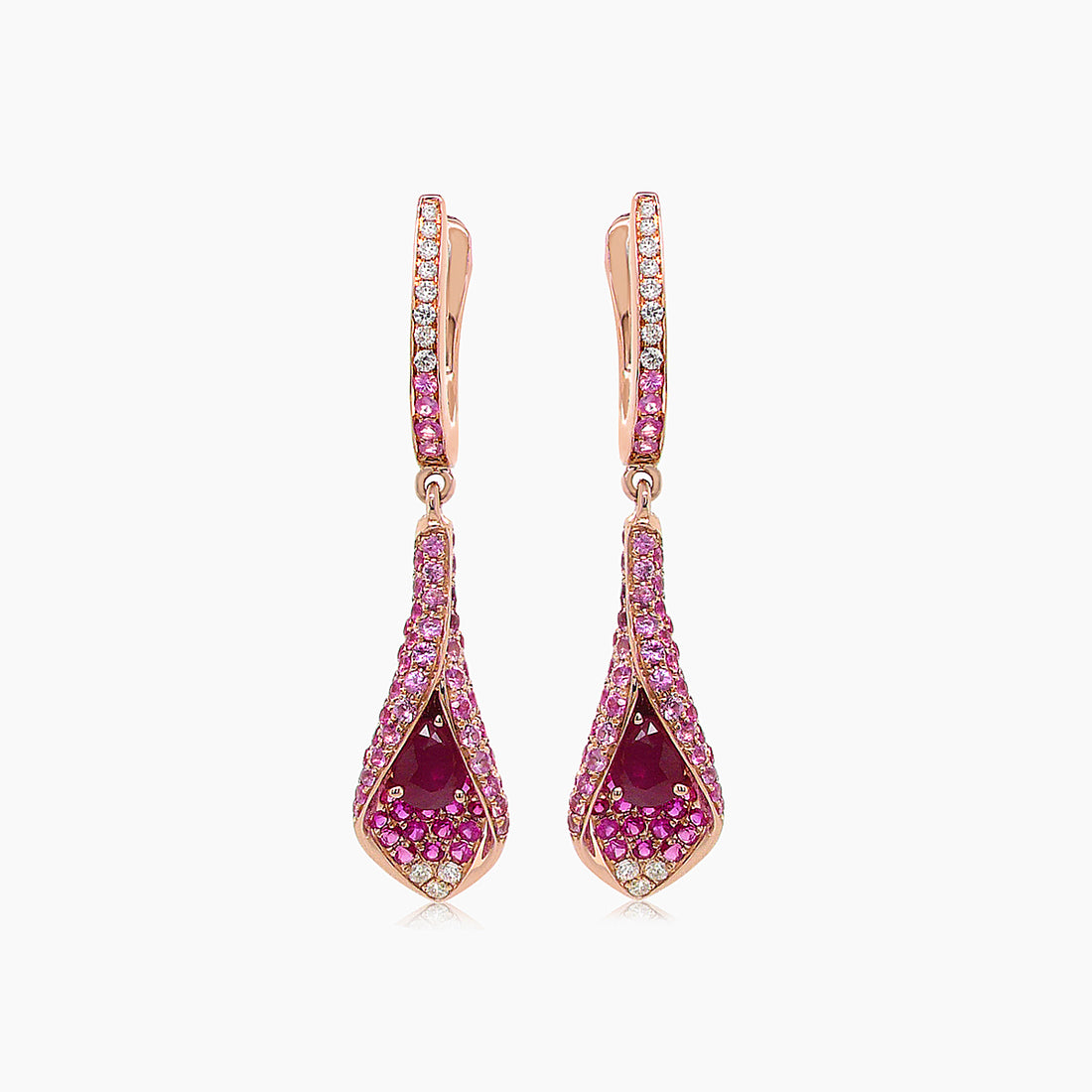 Pink Sapphire & Ruby & White Diamond Pave Set Floral 18K Rose Gold Drop Earrings