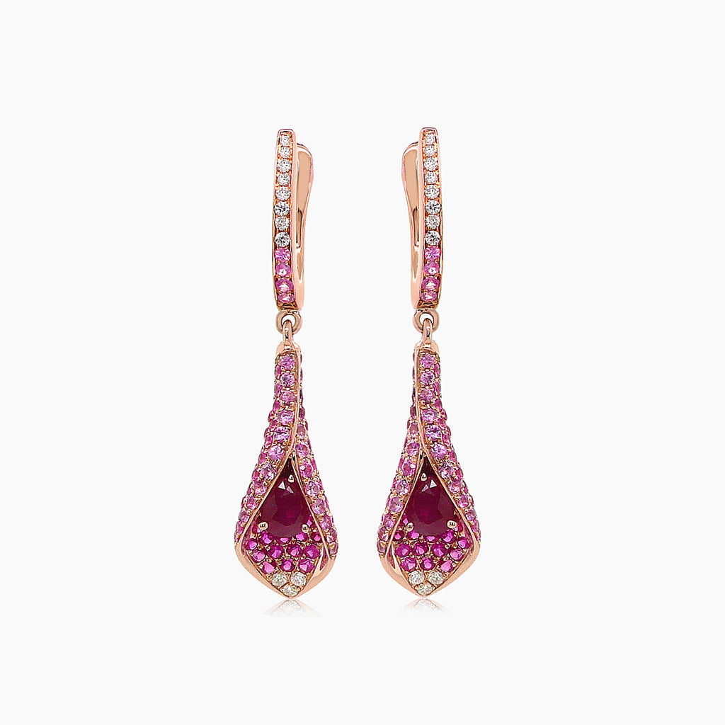 Pink Sapphire & Ruby & White Diamond Pave Set Floral 18K Rose Gold Drop Earrings