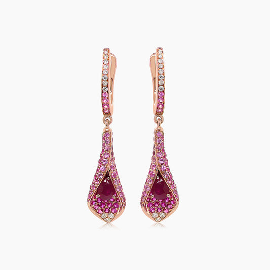 Pink Sapphire & Ruby & White Diamond Pave Set Floral 18K Rose Gold Drop Earrings