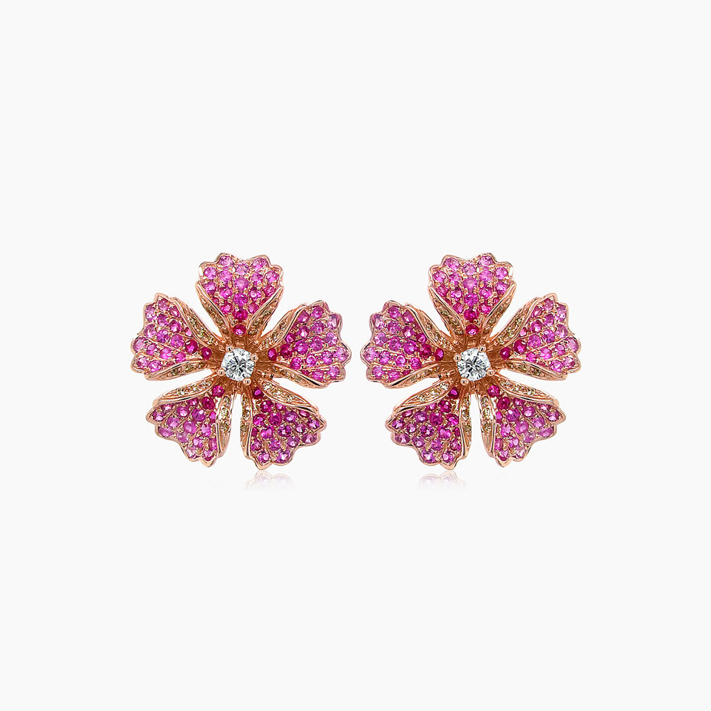 Pink Sapphire Ruby & Fancy Diamond 18K Rose Gold Floral Design Earrings