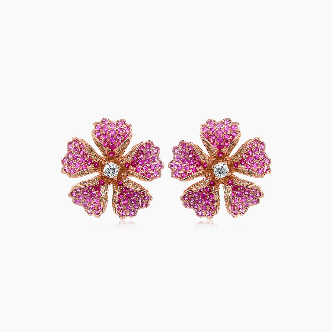 Pink Sapphire Ruby &amp; Fancy Diamond 18K Rose Gold Floral Design Earrings