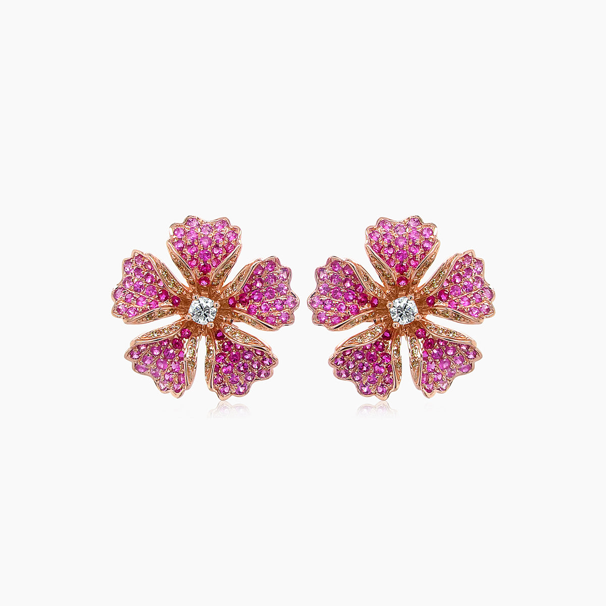 Pink Sapphire Ruby & Fancy Diamond 18K Rose Gold Floral Design Earrings