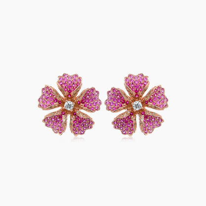 Pink Sapphire Ruby & Fancy Diamond 18K Rose Gold Floral Design Earrings