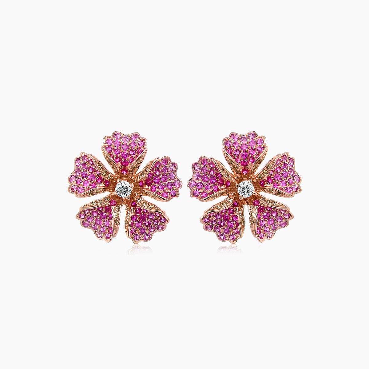pink sapphire ruby & fancy diamond 18k rose gold floral design earrings