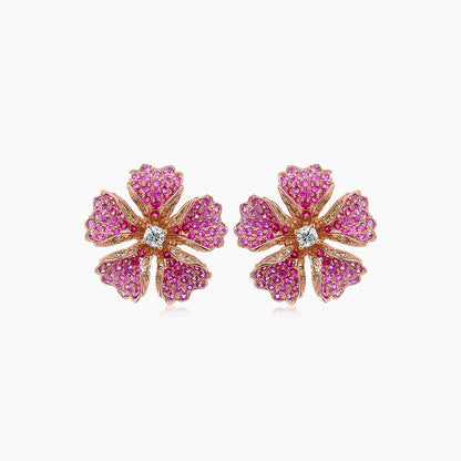 Pink Sapphire Ruby & Fancy Diamond 18K Rose Gold Floral Design Earrings