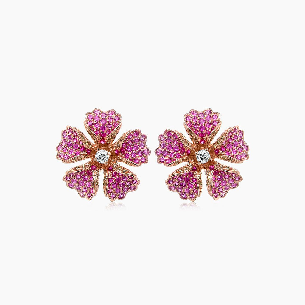 Pink Sapphire Ruby & Fancy Diamond 18K Rose Gold Floral Design Earrings