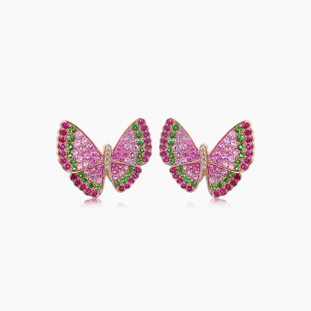Pink Sapphire & Ruby & Diamonds Butterfly Sweet 18K Rose Gold Clip Earrings