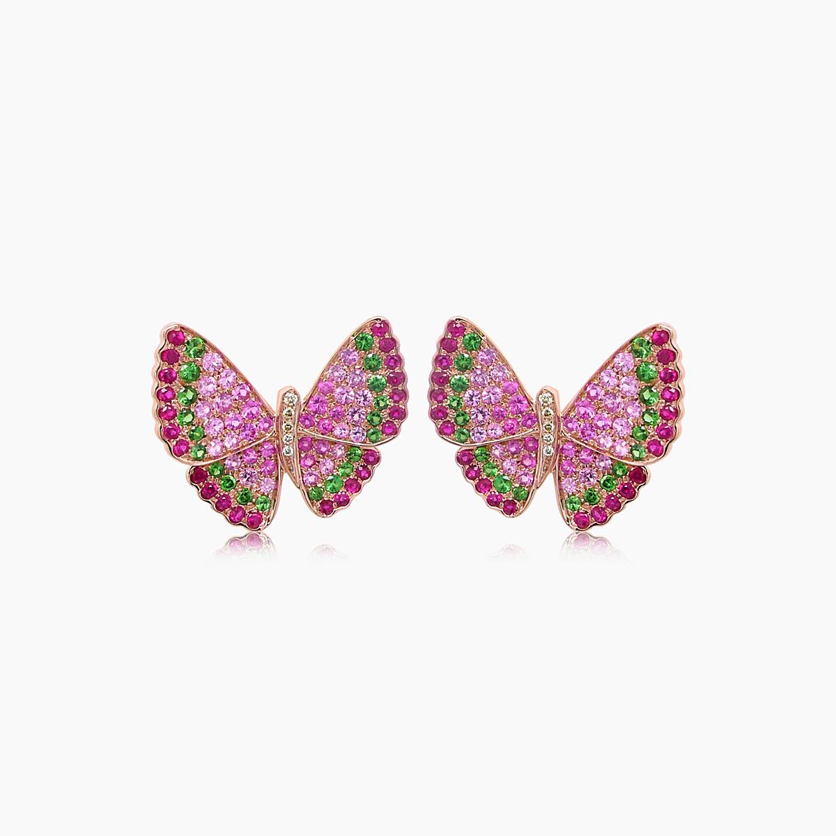 pink sapphire & ruby & diamonds butterfly sweet 18k rose gold clip earrings