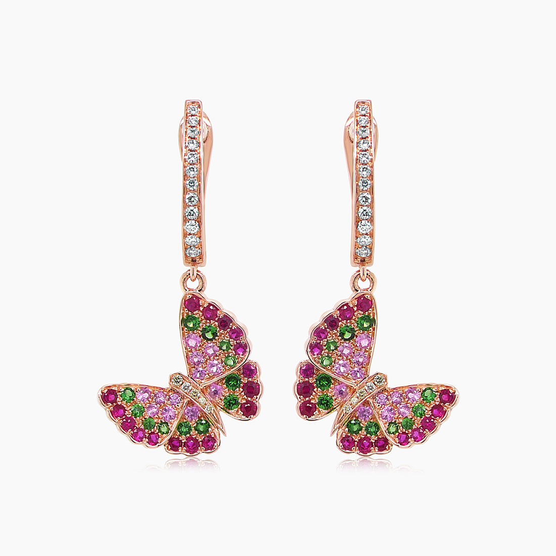 Pink Sapphire & Ruby & Diamonds Butterfly Sweet 18K Rose Gold Clip Earrings