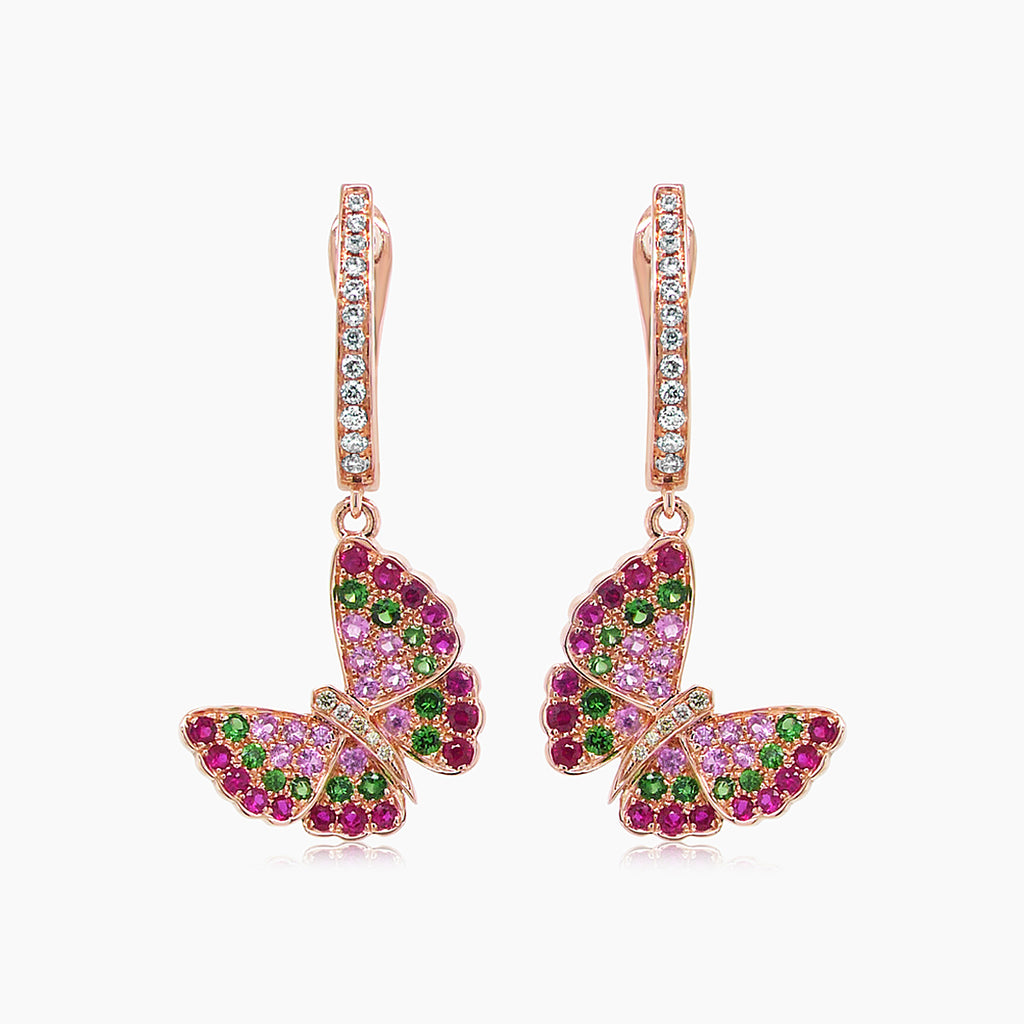 Pink Sapphire & Ruby & Diamonds Butterfly Sweet 18K Rose Gold Clip Earrings