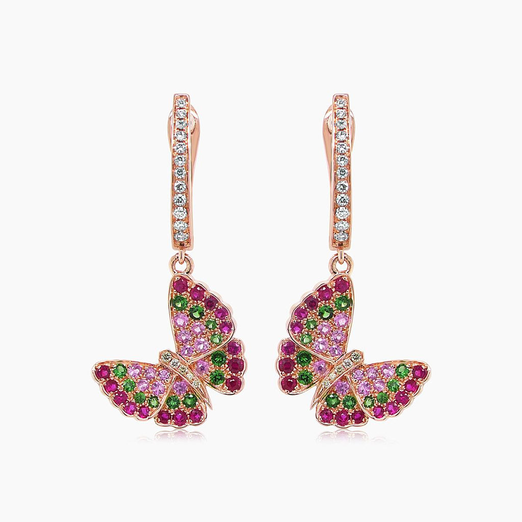 Pink Sapphire & Ruby & Diamonds Butterfly Sweet 18K Rose Gold Clip Earrings