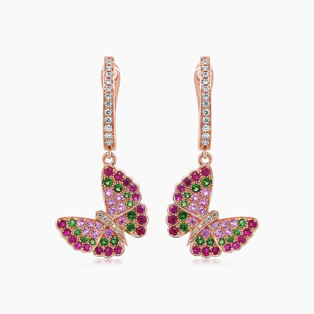 Pink Sapphire &amp; Ruby &amp; Diamonds Butterfly Sweet 18K Rose Gold Clip Earrings