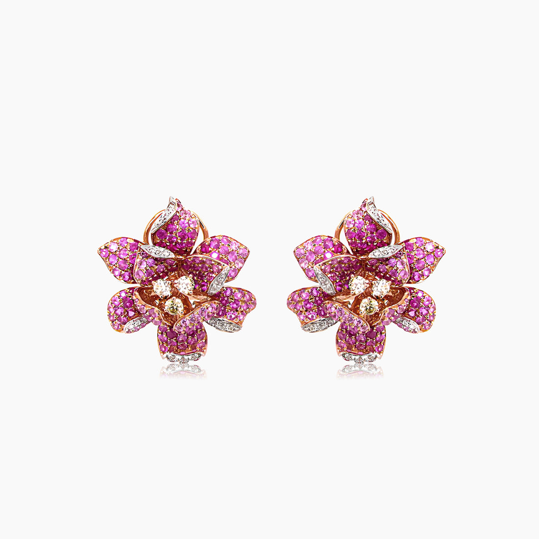 Pink Sapphire & White & Fancy Diamond Lilly Flower 18K Rose Gold Flower Earrings