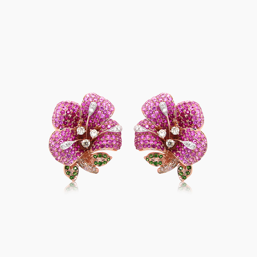 Pink Sapphire Ruby Multi-Gemstone Lilly Flower 18K Rose Gold Earrings