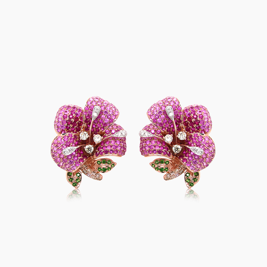 Pink Sapphire Ruby Multi-Gemstone Lilly Flower 18K Rose Gold Earrings