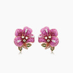Pink Sapphire Ruby Multi-Gemstone Lilly Flower 18K Rose Gold Earrings
