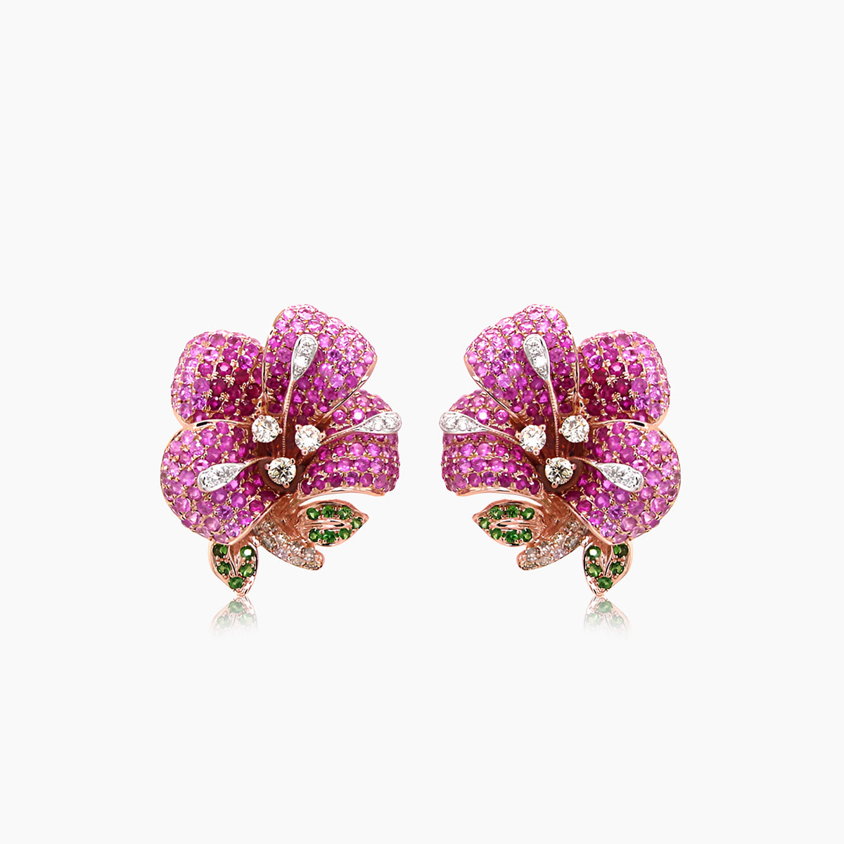 Pink Sapphire Ruby Multi-Gemstone Lilly Flower 18K Rose Gold Earrings