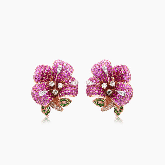 Pink Sapphire Ruby Multi-Gemstone Lilly Flower 18K Rose Gold Earrings
