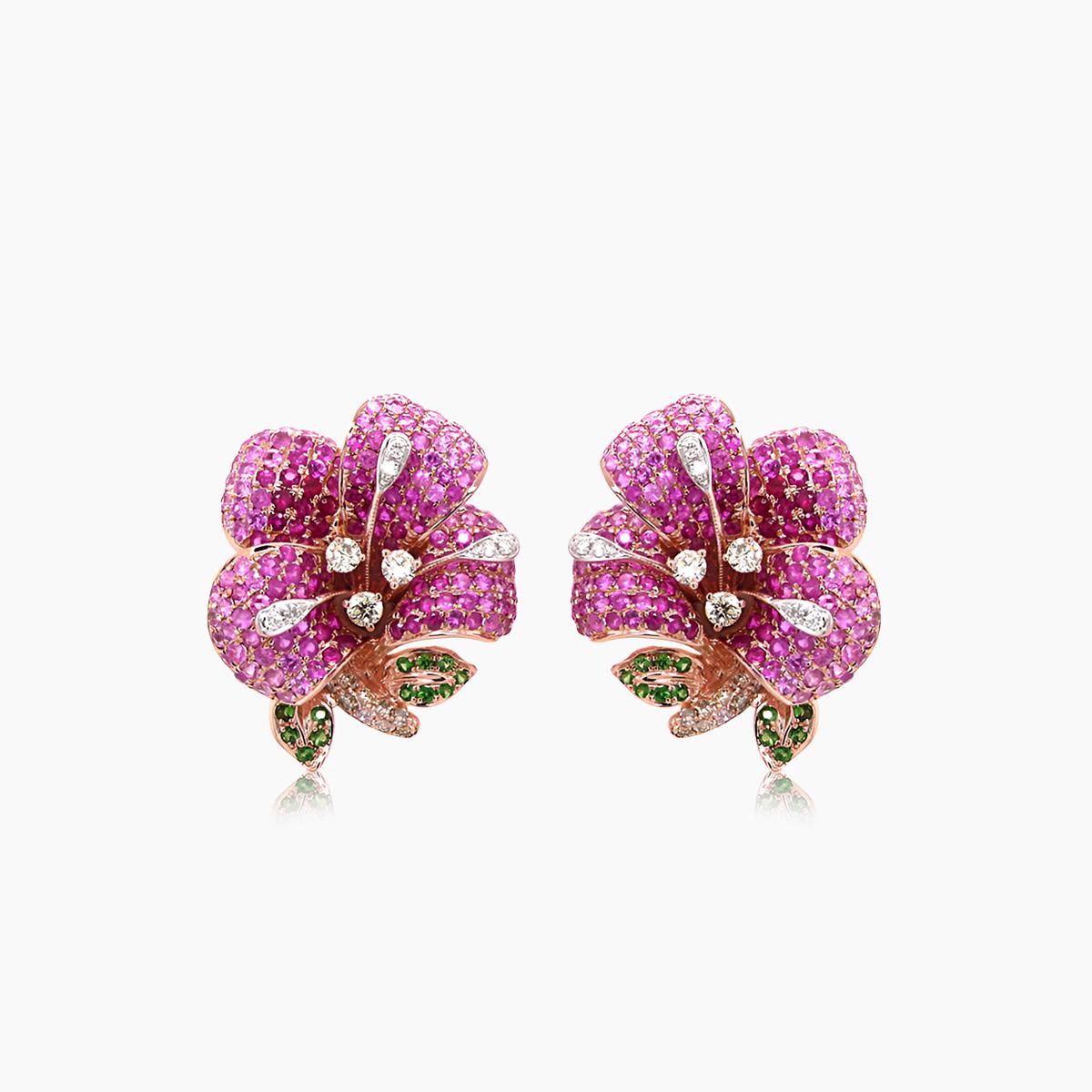 Pink Sapphire Ruby Multi-Gemstone Lilly Flower 18K Rose Gold Earrings