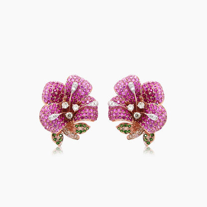Pink Sapphire Ruby Multi-Gemstone Lilly Flower 18K Rose Gold Earrings