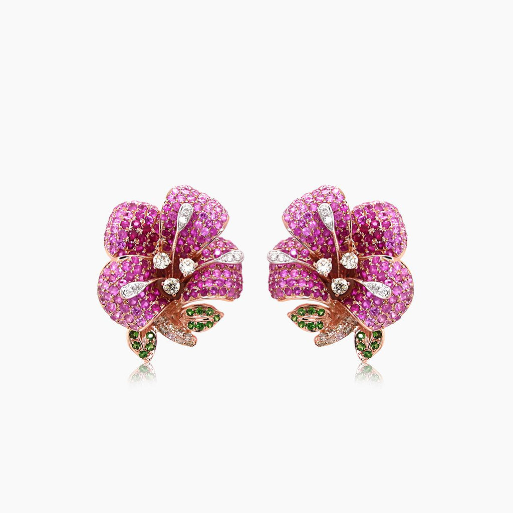 Pink Sapphire Ruby Multi-Gemstone Lilly Flower 18K Rose Gold Earrings