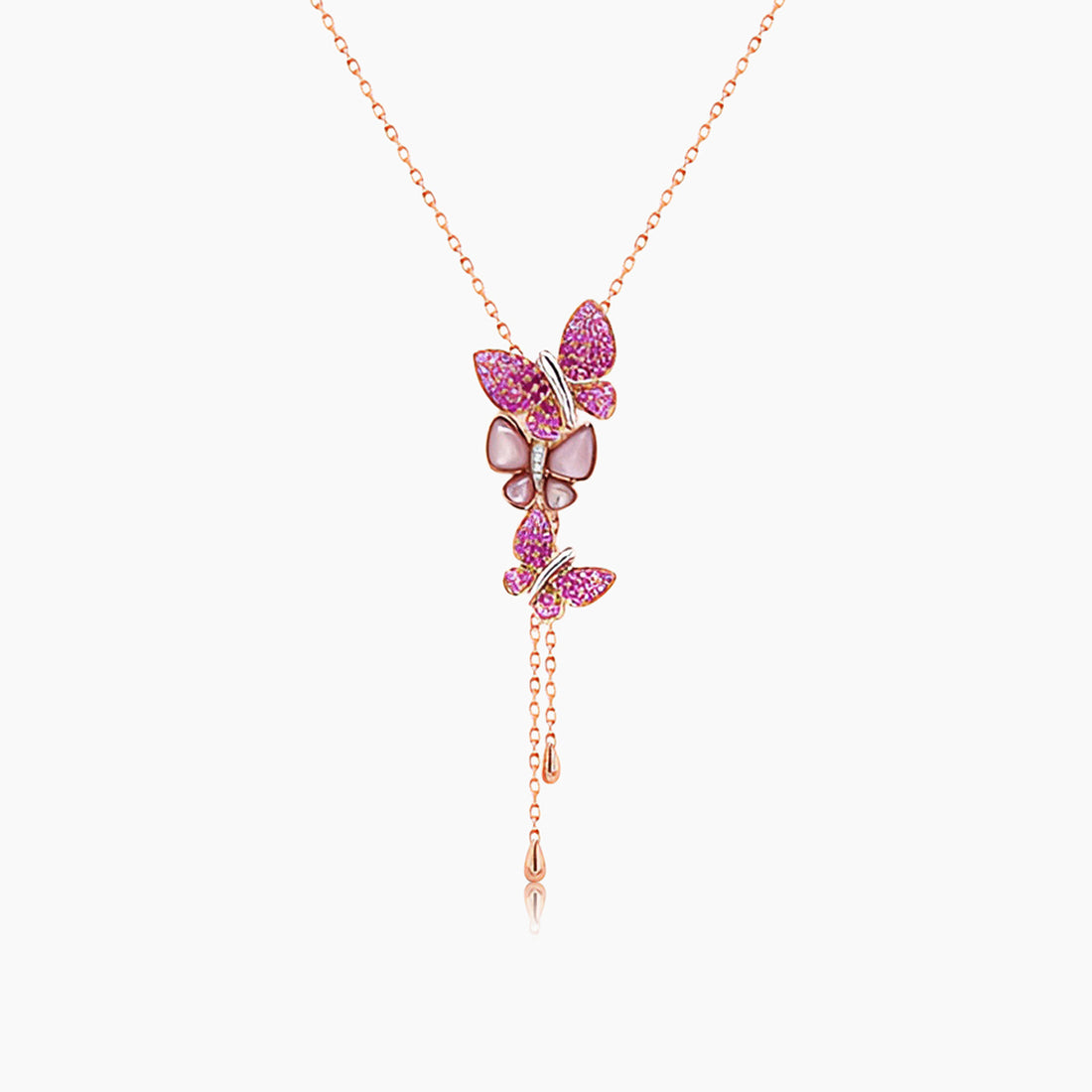 Pink Sapphire &amp; Ruby &amp; Pearl Diamonds Butterfly Sweet Rose Gold Pendant Necklace