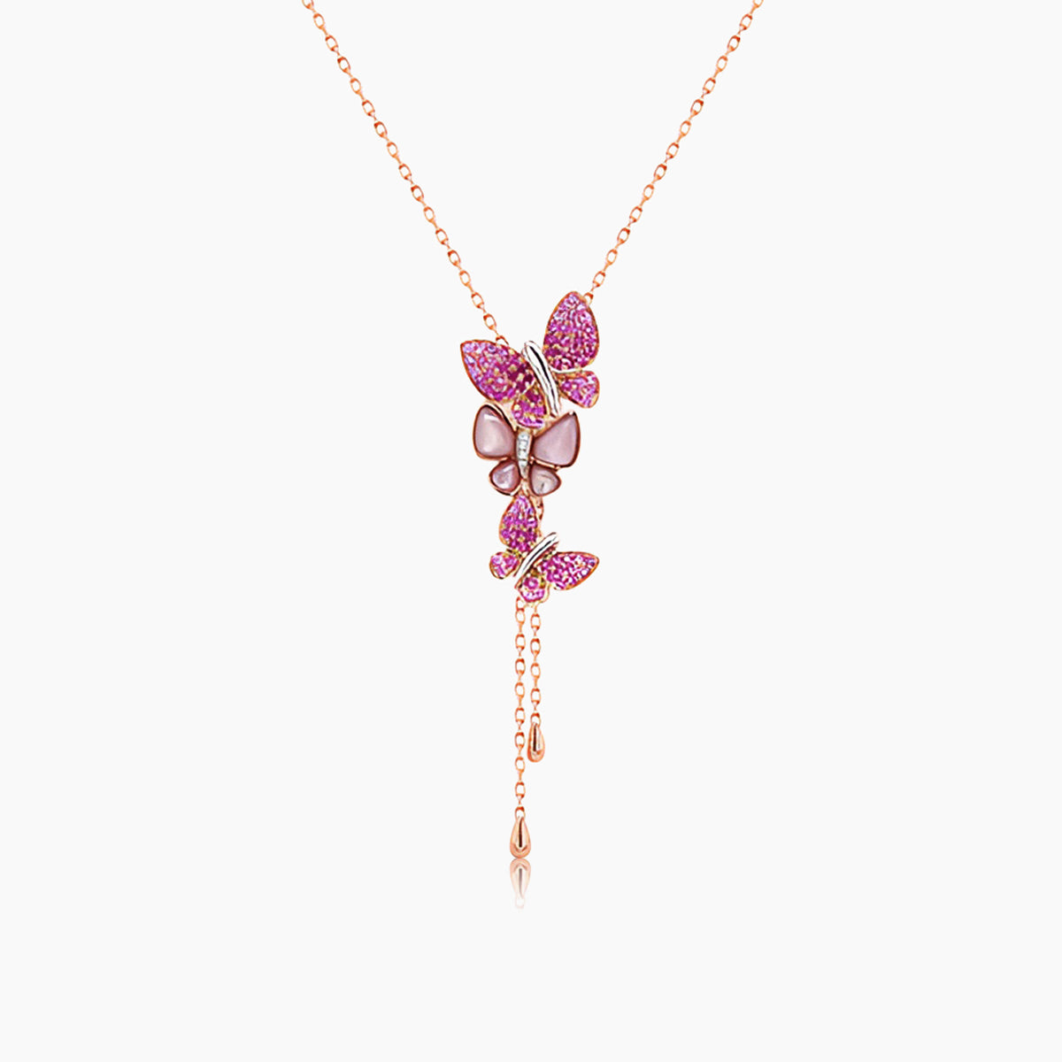 pink sapphire & ruby & pearl diamonds butterfly sweet rose gold pendant necklace
