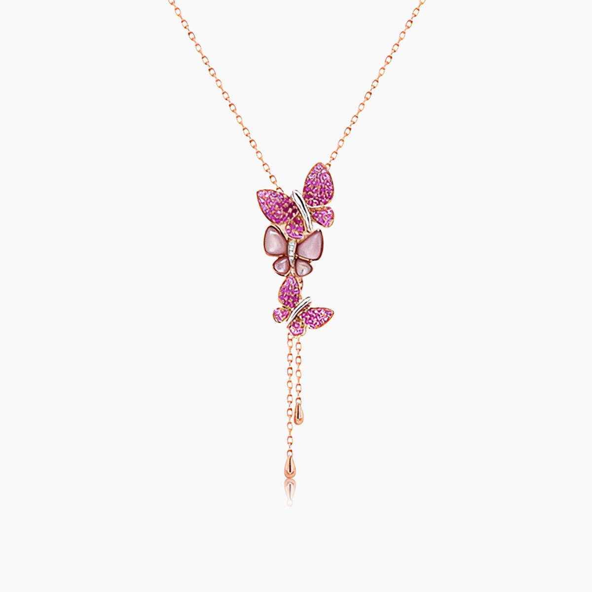 pink sapphire & ruby & pearl diamonds butterfly sweet rose gold pendant necklace